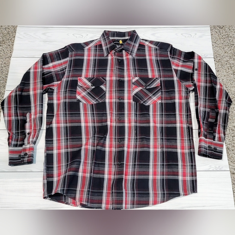 Beverly Hills Polo Club Red & Black Plaid Long Sleeve Shirt Sz L